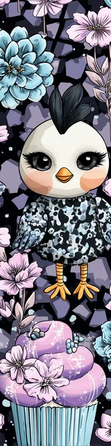 Free kawaii bookmark featuring a chicken with a floral cupcake